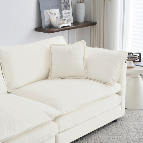 White Chenille 2 Seater L-Shaped Sectional With Ottoman