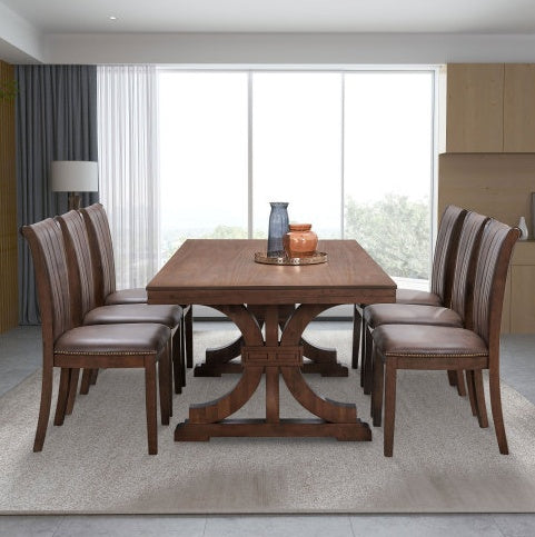 Mid-Century Modern Oak Rectangular Wood Dining Table For 6-8 With Wooden Trestle Pedestal Base