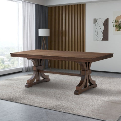 Mid-Century Modern Oak Rectangular Wood Dining Table For 6-8 With Wooden Trestle Pedestal Base