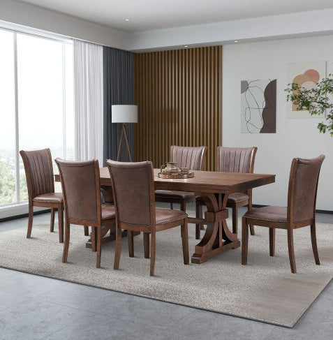 Mid-Century Modern Oak Rectangular Wood Dining Table For 6-8 With Wooden Trestle Pedestal Base