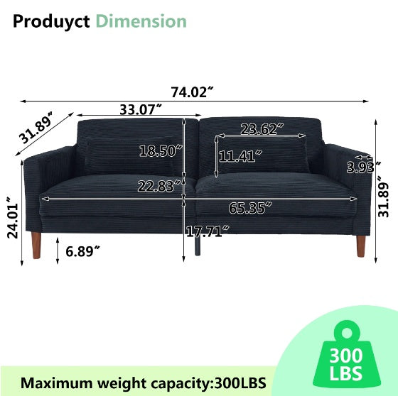 Modern Sofa in Black with Wood Legs