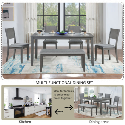 6 Piece Rectangular Wooden Dining Set With 4 Upholstered Chairs And A Bench in Grey