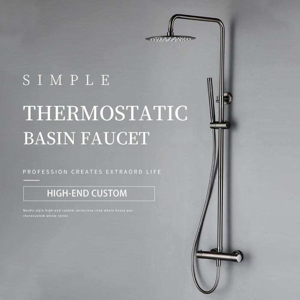 Wall-Mounted Thermostatic Valve System Bagnolux Brushed Gray Brass Rain Faucet 8 - 12" Top Spray Head Bathroom Shower Set