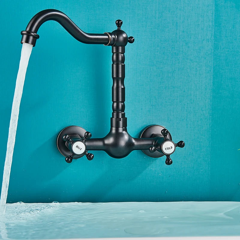Rozin Black Basin Faucet Wall Mounted Dual Handles Bathroom Faucets Swivel Spout Antique Brass Crane Hot Cold Water Mixer Tap