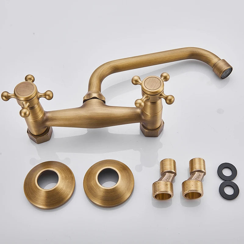 Rozin Black Basin Faucet Wall Mounted Dual Handles Bathroom Faucets Swivel Spout Antique Brass Crane Hot Cold Water Mixer Tap