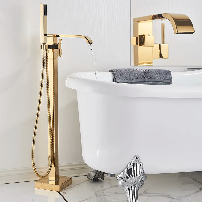 Luxury Gold Bathtub Faucet Freestanding Bathroom Faucet with Handshower Swive Spout Floor Mounted Bath Shower Mixer Tap