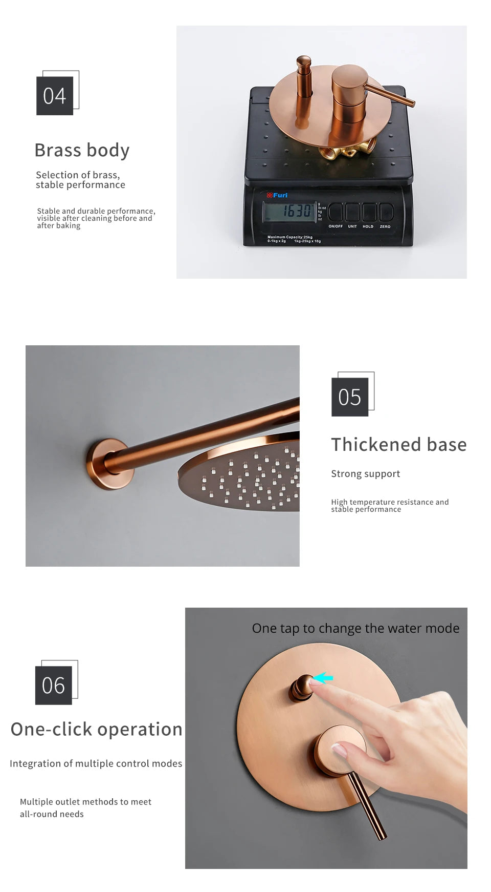 Brushed Rose Gold Shower Sets Brass Hot Cold Bathroom Faucet Mixer Tap Wall Mount Arm With Diverter, Handheld, Rian Shower Head