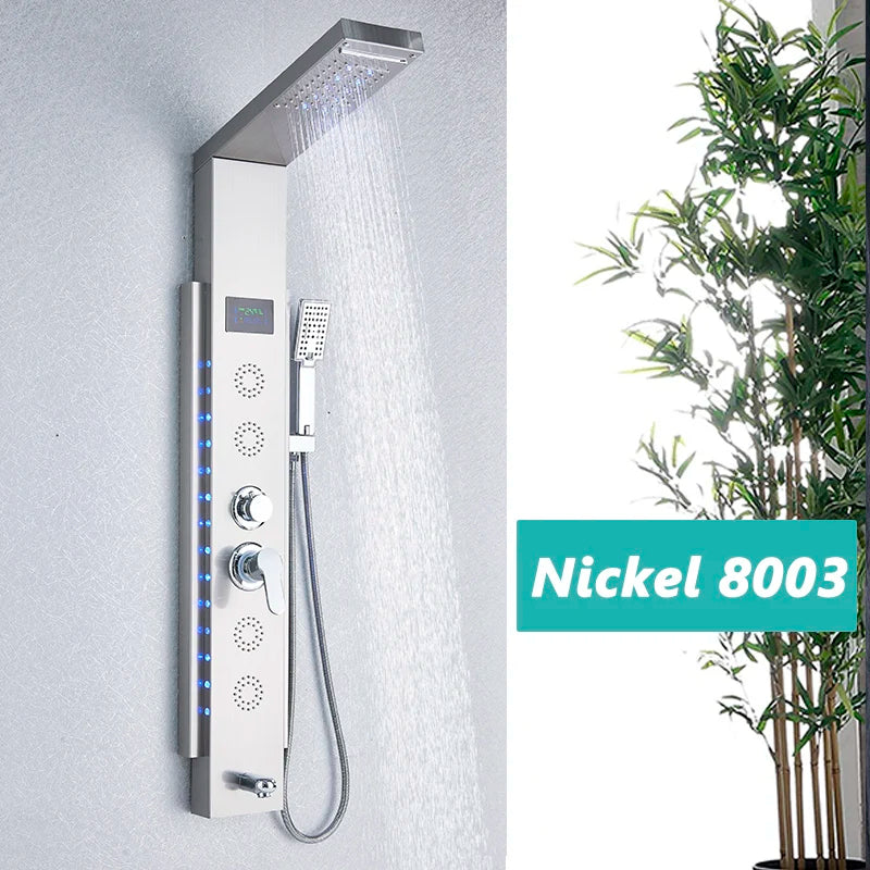 SHBSHAIMY Black/Brushed LED Shower Panel Column 5Ways Rainfall Waterfall With Digital Display Bath Showerhand Full of Technology