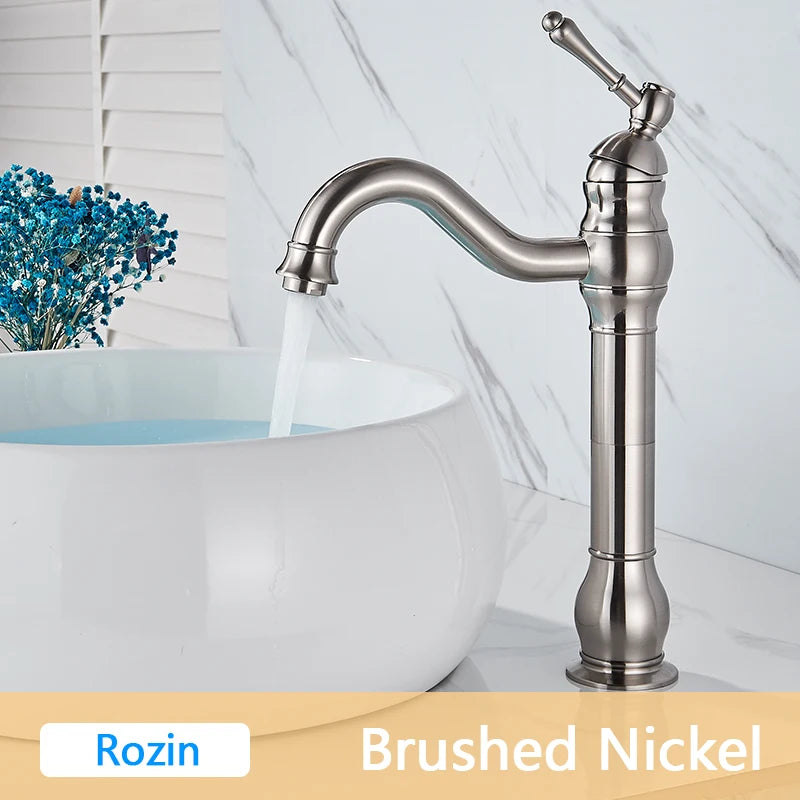 Rozin Antique Brass Basin Faucet 5 Colors Deck Mounted Single Handle Bathroom Crane Long Spout Lavatory Sink Hot Cold Mixer Tap