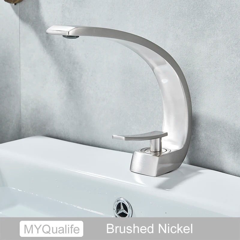 MYQualife Creative Design Brushed Gold Basin Faucet Washing Basin Mixer Deck Mounted Cold and Hot Bathroom Faucet