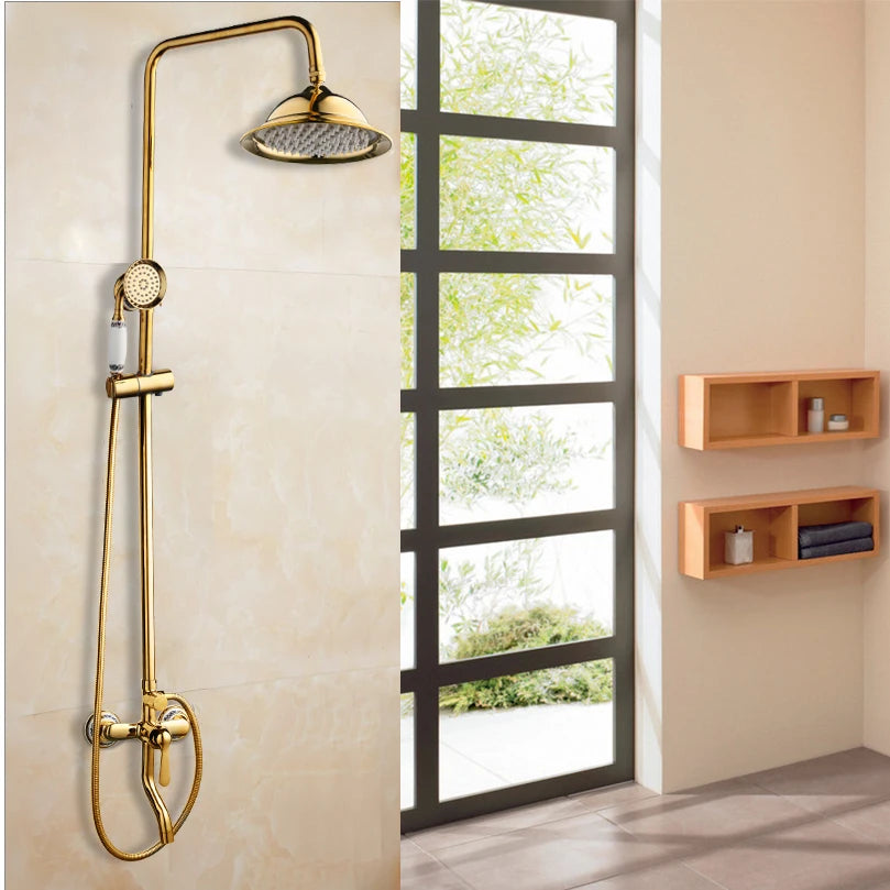 YANKSMART Gold Polished Bathroom Shower System Faucet Set Wall Mounted 3 Functions Rainfall Round Showers Head Mixer Water Tap