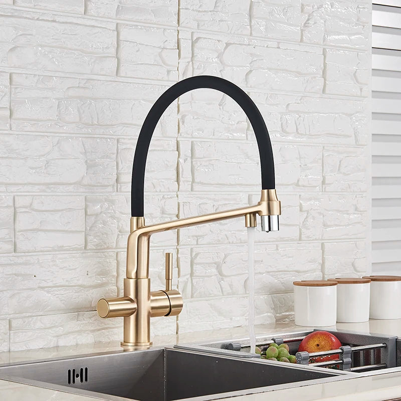 Brushed Golden Kitchen Sink Faucet Pure Water Filter Mixer Crane Dual Handle Pull Down Purification Kitchen Hot Cold Water Tap