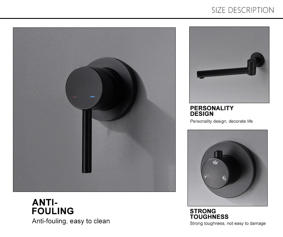 Bagnolux Brass Matte Black Wall Embed Mount 3-Function Concealed Shower System 10 Inch Top Rain Spray Bathroom Faucet