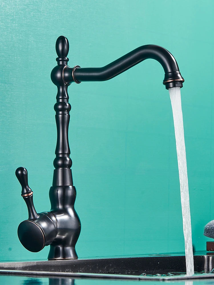 Quyanre Black Bronze Retro Antique Brass Basin Faucet Single Handle Mixer Tap 360 Rotation Kitchen Faucet Kitchen Mixer Taps