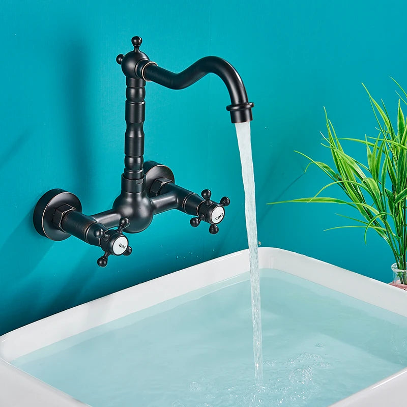Rozin Black Basin Faucet Wall Mounted Dual Handles Bathroom Faucets Swivel Spout Antique Brass Crane Hot Cold Water Mixer Tap