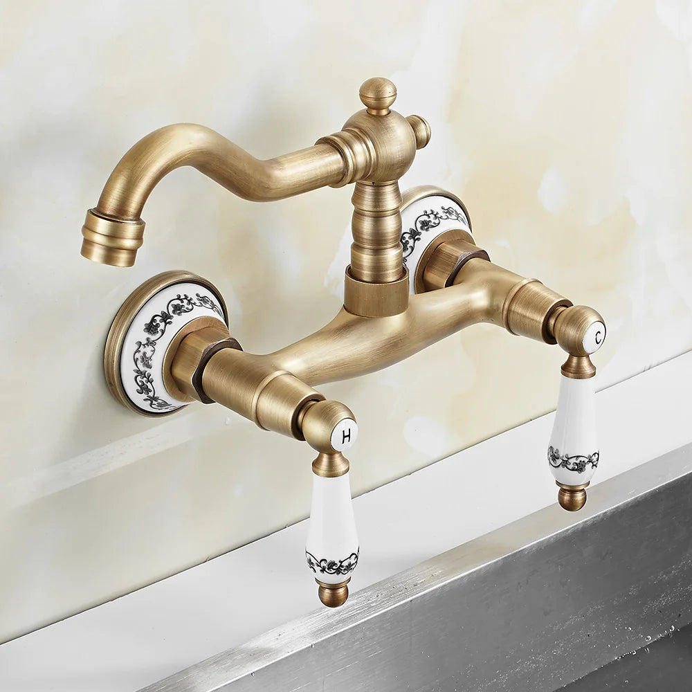 Wall Mount Antique Faucet Antique Brass Kitchen Faucet Dual Cold Hot Water Mixer Tap 360 Degree Rotation Kitchen Sink Faucet