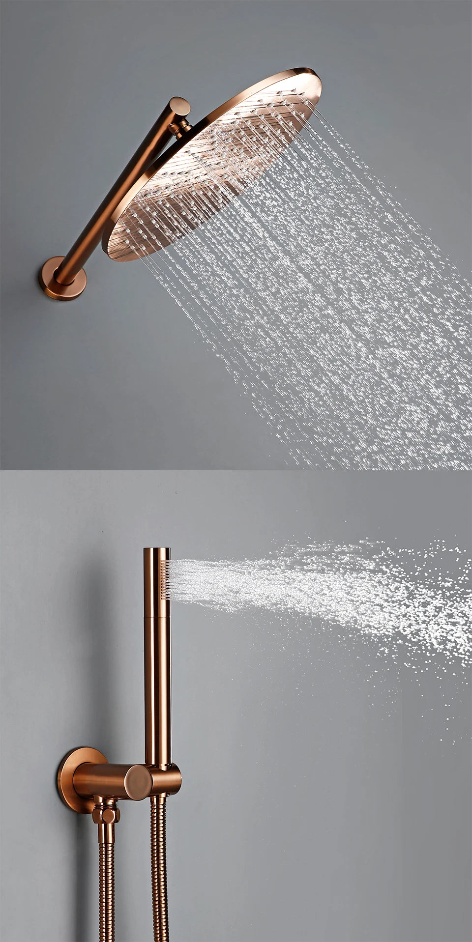 Brushed Rose Gold Shower Sets Brass Hot Cold Bathroom Faucet Mixer Tap Wall Mount Arm With Diverter, Handheld, Rian Shower Head