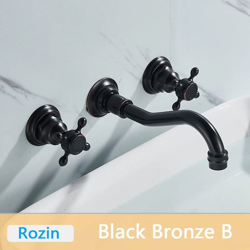 Rozin Black Basin Faucet Wall Mounted Dual Handles Bathroom Faucets Swivel Spout Antique Brass Crane Hot Cold Water Mixer Tap