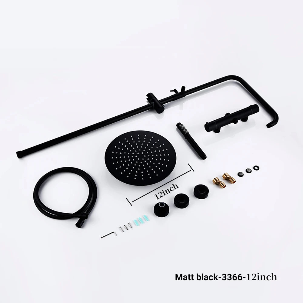Wall-Mounted Thermostatic Valve System Bagnolux Brushed Gray Brass Rain Faucet 8 - 12" Top Spray Head Bathroom Shower Set