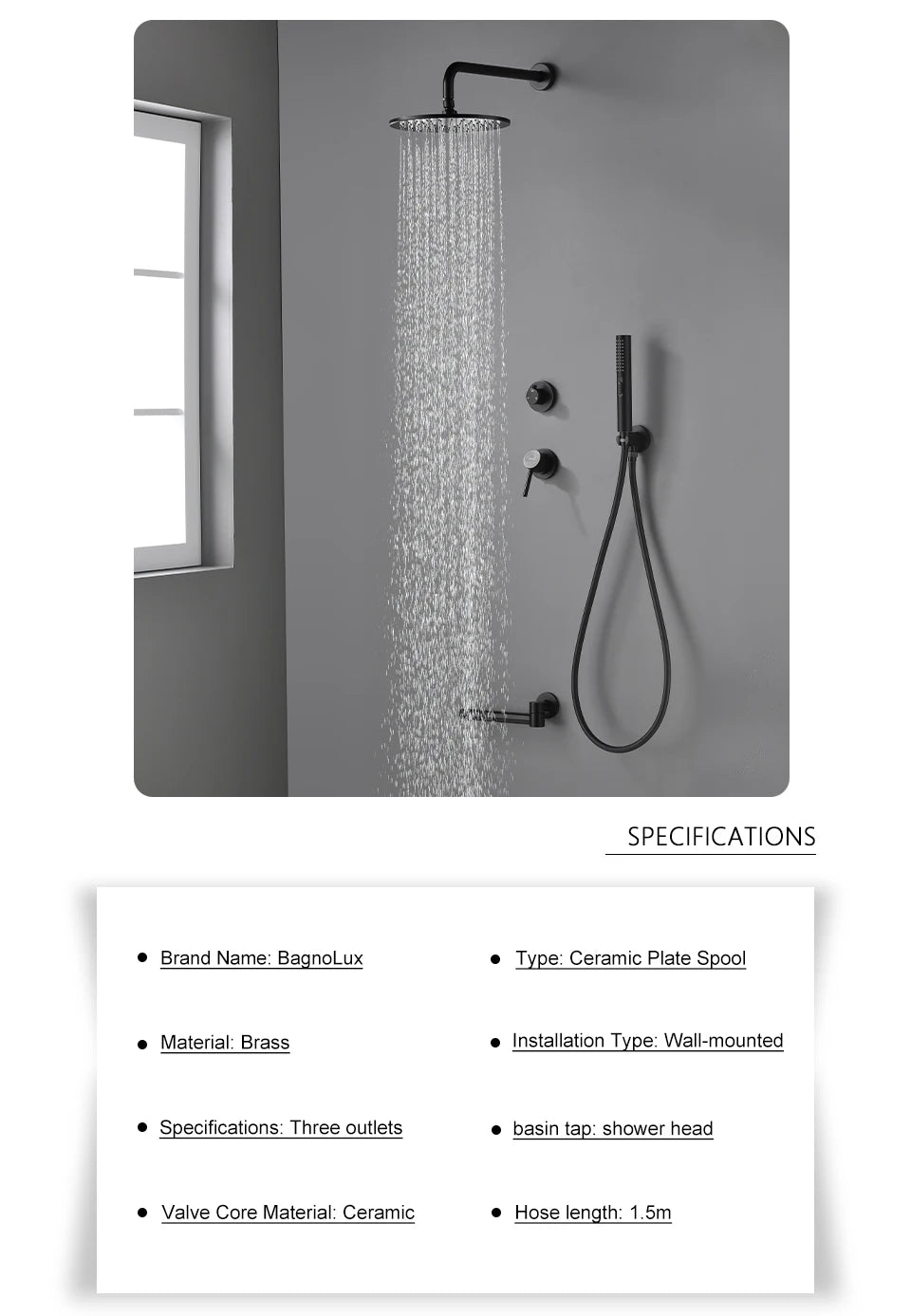 Bagnolux Brass Matte Black Wall Embed Mount 3-Function Concealed Shower System 10 Inch Top Rain Spray Bathroom Faucet