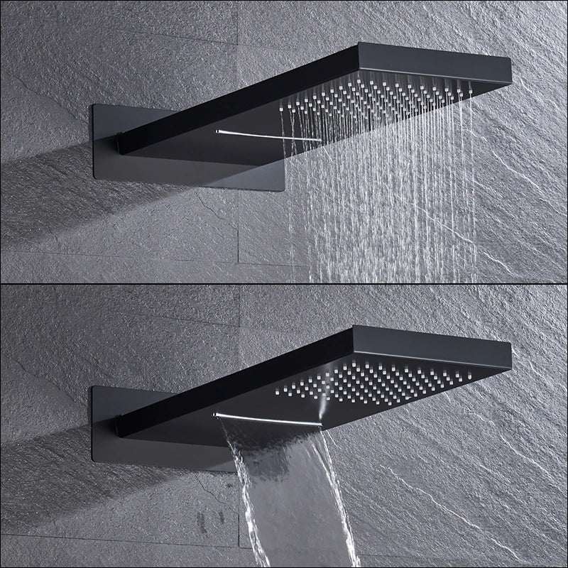 Quyanre Black Thermostatic Shower Faucets Set Rain Waterfall Shower Head With 3-way Thermostatic Mixer Tap Bath Shower Faucet
