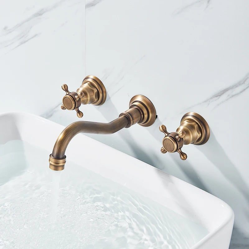 Rozin Black Basin Faucet Wall Mounted Dual Handles Bathroom Faucets Swivel Spout Antique Brass Crane Hot Cold Water Mixer Tap