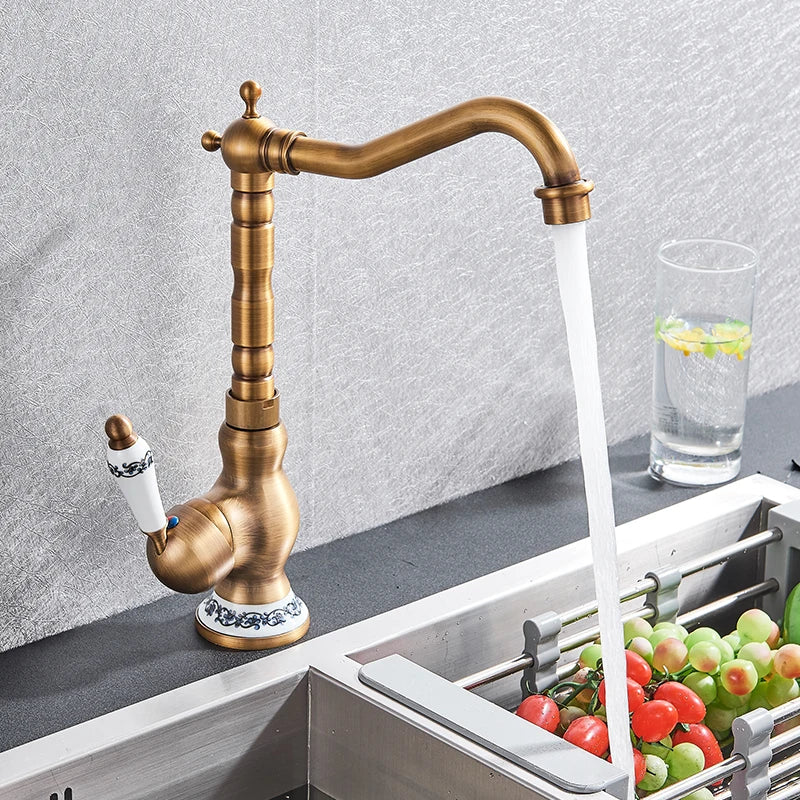 Quyanre Black Bronze Retro Antique Brass Basin Faucet Single Handle Mixer Tap 360 Rotation Kitchen Faucet Kitchen Mixer Taps