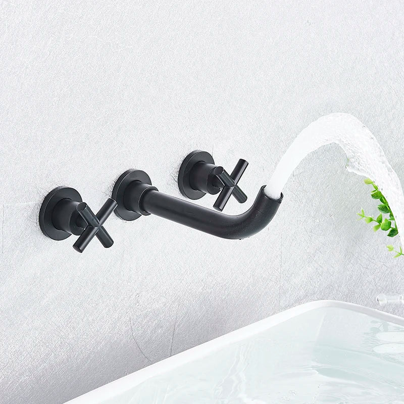 SHBSHAIMY Gold/Chrome Bathroom Basin Faucets Wall Mount Dual Handles Mixer Tap 360 Rotation Black Water Crane Tap Basin Mixer