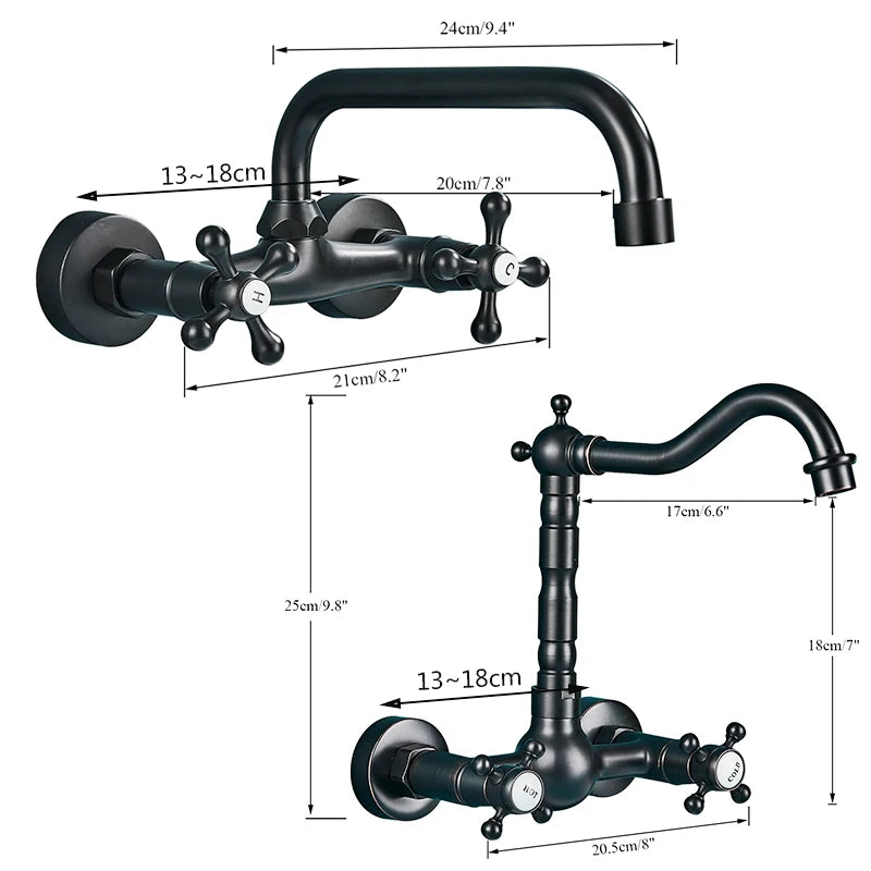 Rozin Black Basin Faucet Wall Mounted Dual Handles Bathroom Faucets Swivel Spout Antique Brass Crane Hot Cold Water Mixer Tap