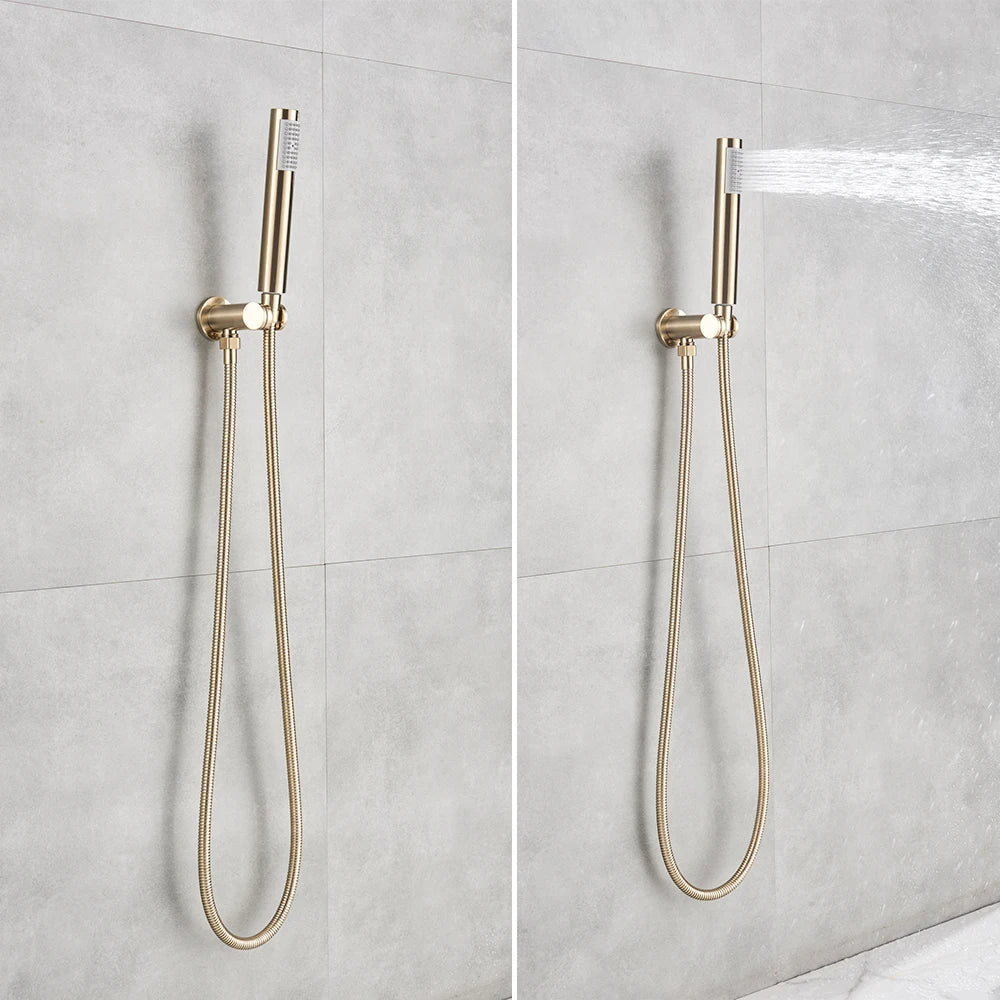 Brushed Gold Shower Faucet Set Round Brass Bathroom Wall Mount Rotate Tub Spout Rainfall Head 3 Ways Mixer Tap