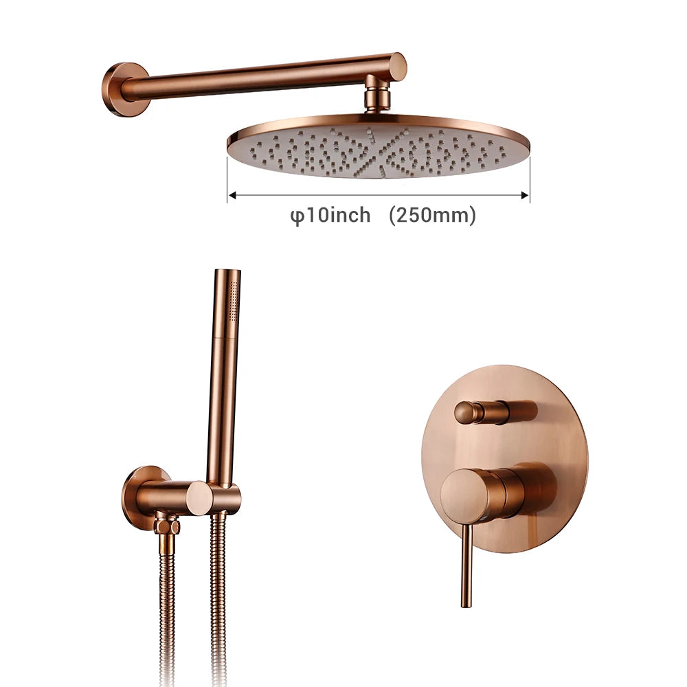 Brushed Rose Gold Shower Sets Brass Hot Cold Bathroom Faucet Mixer Tap Wall Mount Arm With Diverter, Handheld, Rian Shower Head