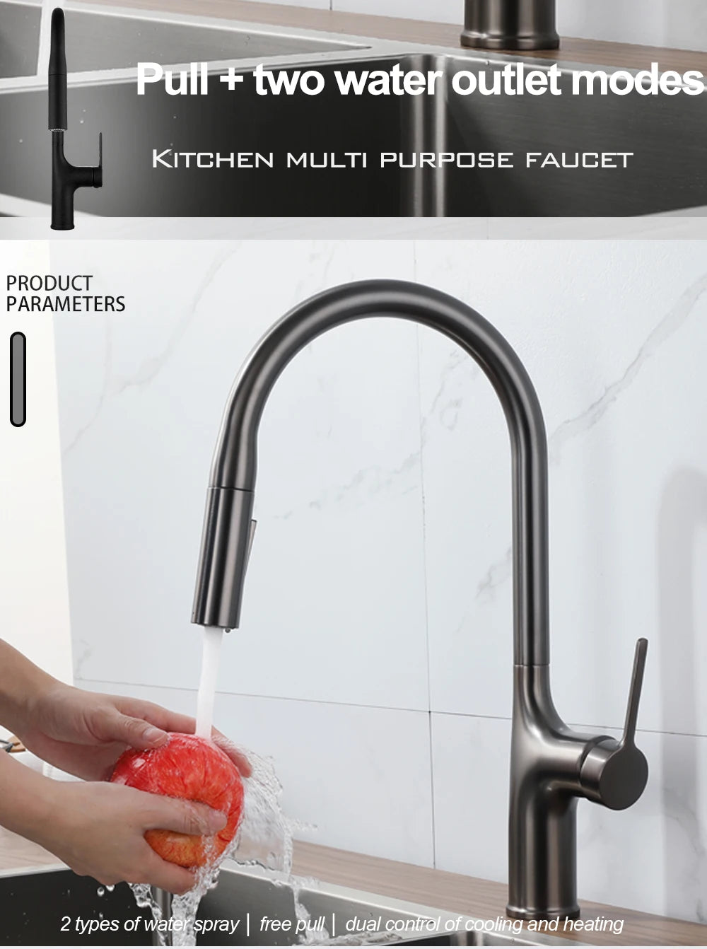 Deck Mounted Kitchen Faucet Pull Out Mixer Tap Bagnolux Gun Gray Brass Two Function Single Handle Hot and Cold Water Crane