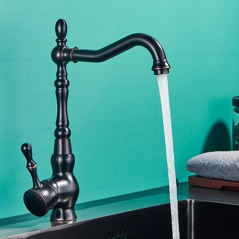 Quyanre Black Bronze Retro Antique Brass Basin Faucet Single Handle Mixer Tap 360 Rotation Kitchen Faucet Kitchen Mixer Taps