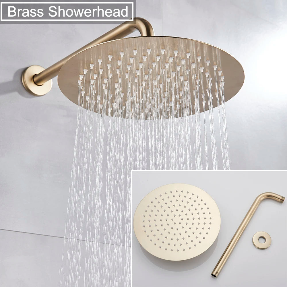 Brushed Gold Shower Faucet Set Round Brass Bathroom Wall Mount Rotate Tub Spout Rainfall Head 3 Ways Mixer Tap