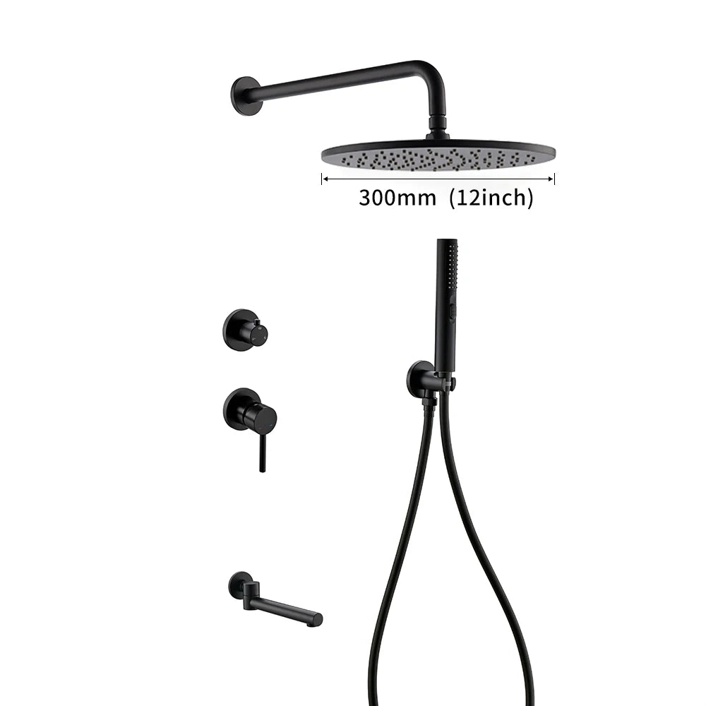 Bagnolux Brass Matte Black Wall Embed Mount 3-Function Concealed Shower System 10 Inch Top Rain Spray Bathroom Faucet