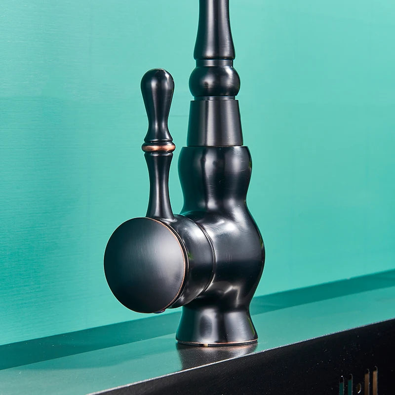 Quyanre Black Bronze Retro Antique Brass Basin Faucet Single Handle Mixer Tap 360 Rotation Kitchen Faucet Kitchen Mixer Taps