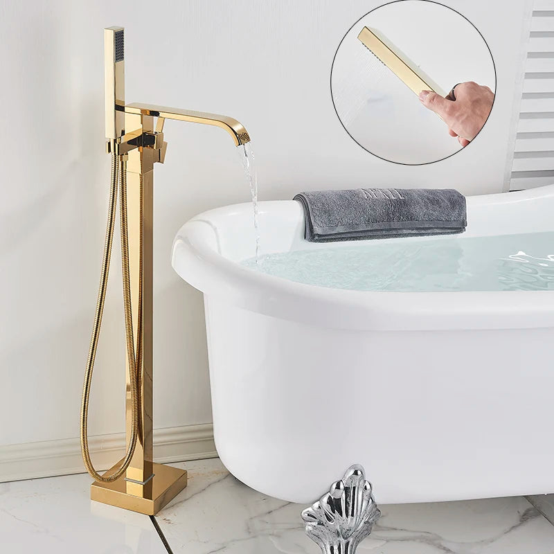 Luxury Gold Bathtub Faucet Freestanding Bathroom Faucet with Handshower Swive Spout Floor Mounted Bath Shower Mixer Tap