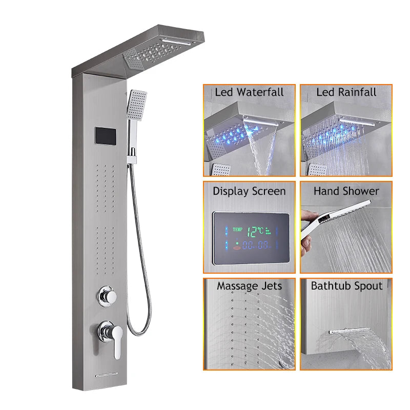 Bathroom LED Rain/Waterfall Head Shower Panel Digital Display Screen Massage Jets Waterfall Bath Tub Spout Shower Column