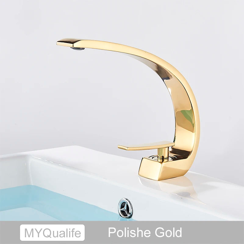 MYQualife Creative Design Brushed Gold Basin Faucet Washing Basin Mixer Deck Mounted Cold and Hot Bathroom Faucet
