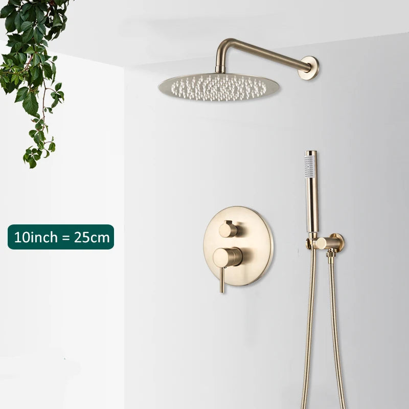 Brushed Gold Shower Faucets Set Rainfall Shower System Concealed Hot Cold Water Mixer Tap Bathroom Round Shower Faucet
