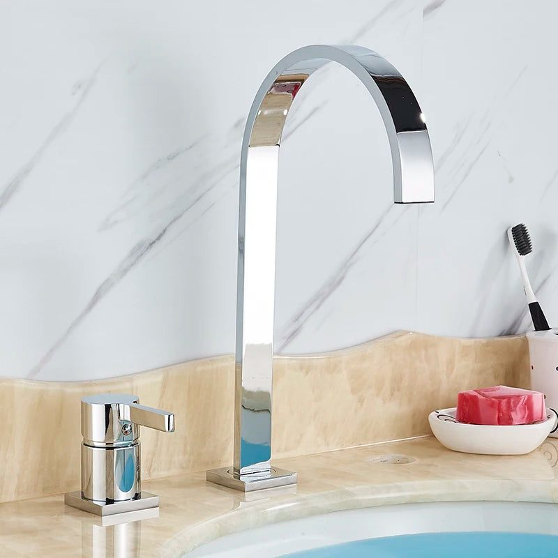 SHBSHAIMY Brushed Golden Basin Faucet Single Handle Widespread Sink Faucet Bathroom Mixer Tap Wide Spout Vessel Hot Cold Water