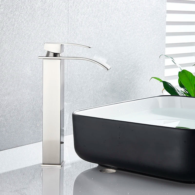 Matte Black Basin Faucet Waterfall Washbasin Vanity Above Counter Sink Faucet Hot & Cold Mixer Tap Deck Mounted Bathroom Crane
