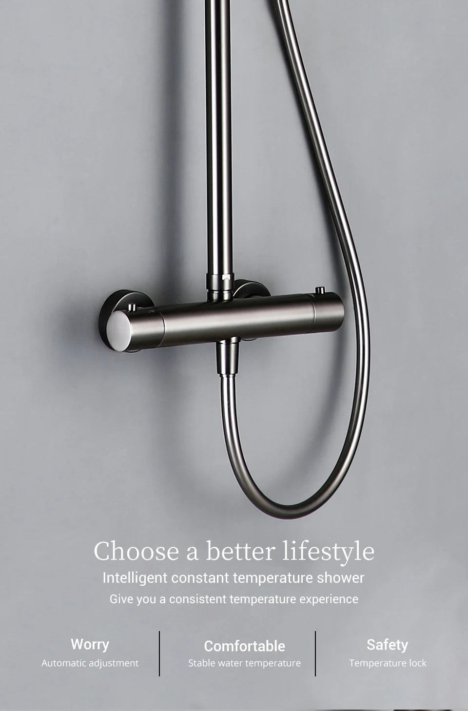 Wall-Mounted Thermostatic Valve System Bagnolux Brushed Gray Brass Rain Faucet 8 - 12" Top Spray Head Bathroom Shower Set