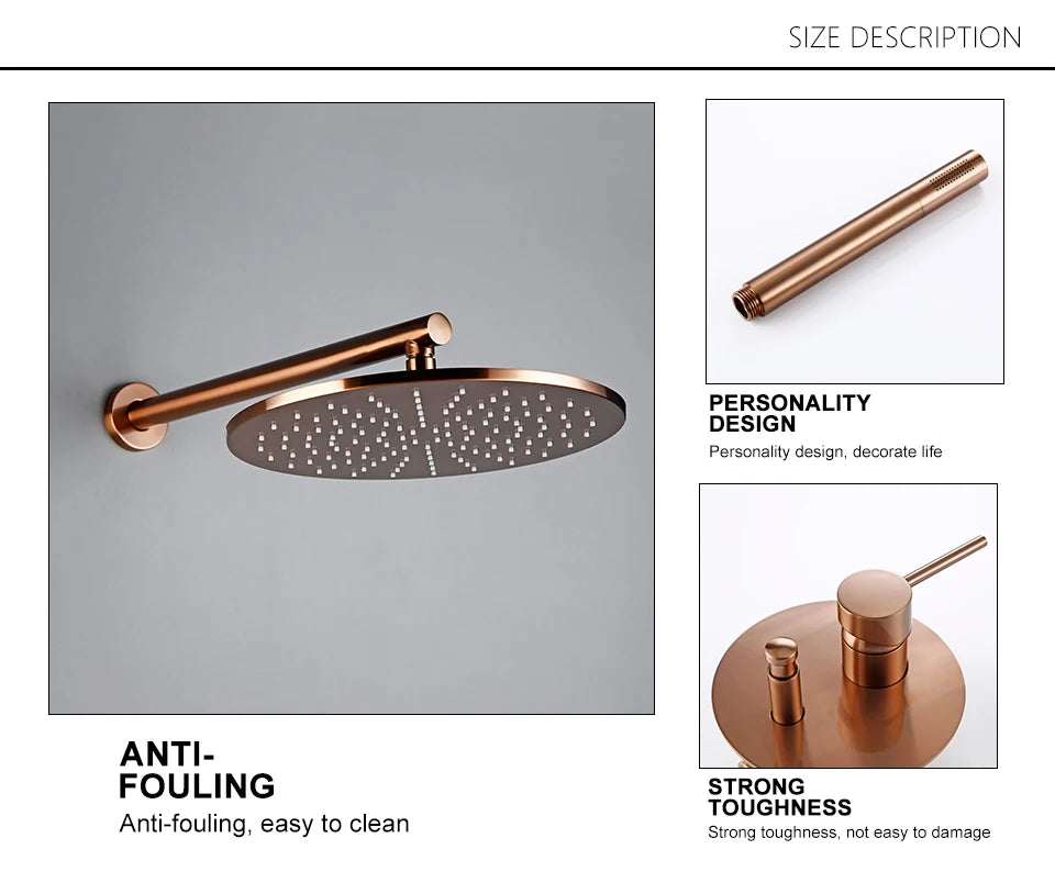 Brushed Rose Gold Shower Sets Brass Hot Cold Bathroom Faucet Mixer Tap Wall Mount Arm With Diverter, Handheld, Rian Shower Head