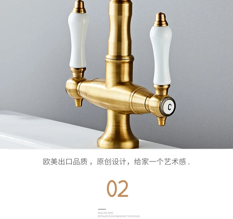 Faucet for Kitchen Dual Handle Antique Brass Retro Faucet 360 Degree Rotation Kitchen Sink Taps Deck Mounted Bathroom Sink Mixer