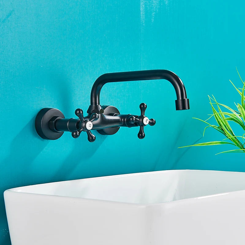 Rozin Black Basin Faucet Wall Mounted Dual Handles Bathroom Faucets Swivel Spout Antique Brass Crane Hot Cold Water Mixer Tap