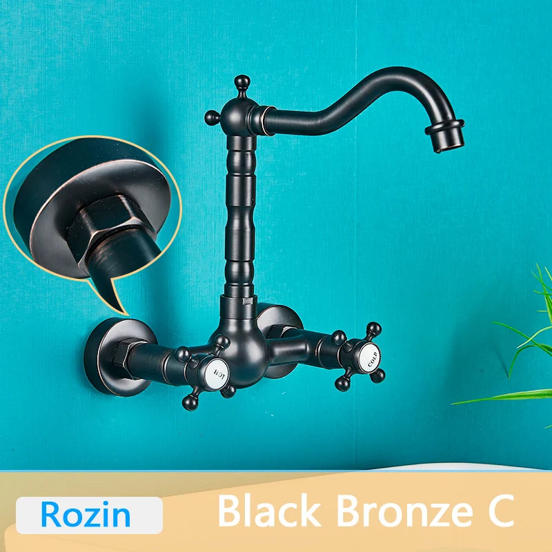 Rozin Black Basin Faucet Wall Mounted Dual Handles Bathroom Faucets Swivel Spout Antique Brass Crane Hot Cold Water Mixer Tap