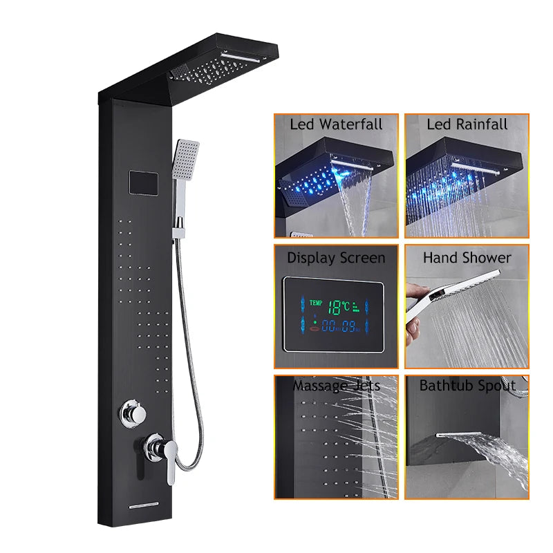 Bathroom LED Rain/Waterfall Head Shower Panel Digital Display Screen Massage Jets Waterfall Bath Tub Spout Shower Column