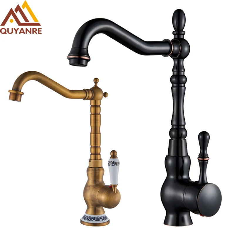 Quyanre Black Bronze Retro Antique Brass Basin Faucet Single Handle Mixer Tap 360 Rotation Kitchen Faucet Kitchen Mixer Taps