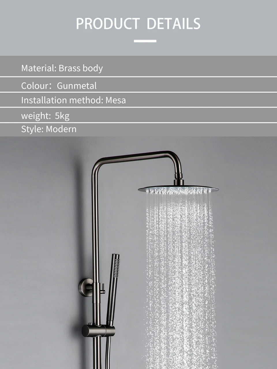 Wall-Mounted Thermostatic Valve System Bagnolux Brushed Gray Brass Rain Faucet 8 - 12" Top Spray Head Bathroom Shower Set